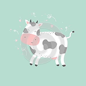 Cute cartoon character cow. Print for baby shower party.
